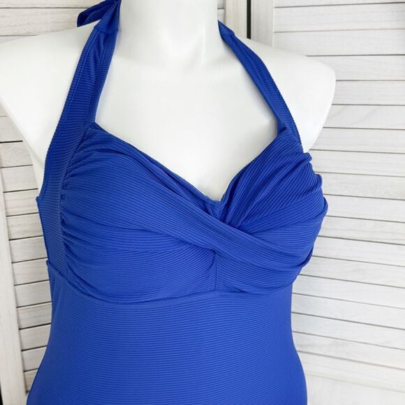 Ibiza Ribbed Halter One Piece Swimsuit Royal Blue Plus Size 1X - Picture 6 of 12